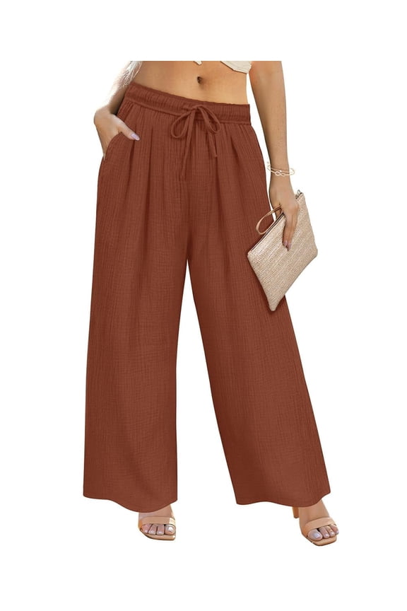 Womens Pants Plus Size 4X Brown Lounge Yoga Pants Knit Palazzo Summer Athletic Pants Casual Workout Wide Leg Pants Fashion Loose Fit Drawstring Exercise Pants with Pocket 4XL 24W 26W