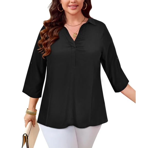 CASSIE LIZ Plus Size Blouses for Women 2X V neck Formal Tops With Black Pattern 3/4 Sleeve Business Casual Office Work Blouse 2XL 18W 20W