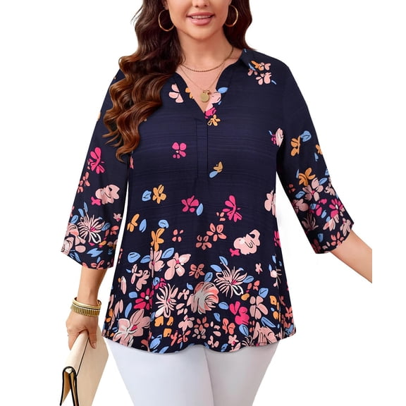 CASSIE LIZ Womens Blouses Plus Size 2X Dressy Casual V neck Tops With Purple Floral Pattern Fashion 3/4 Sleeve Tops Business Work Tunics Shirts 2XL 18W 20W