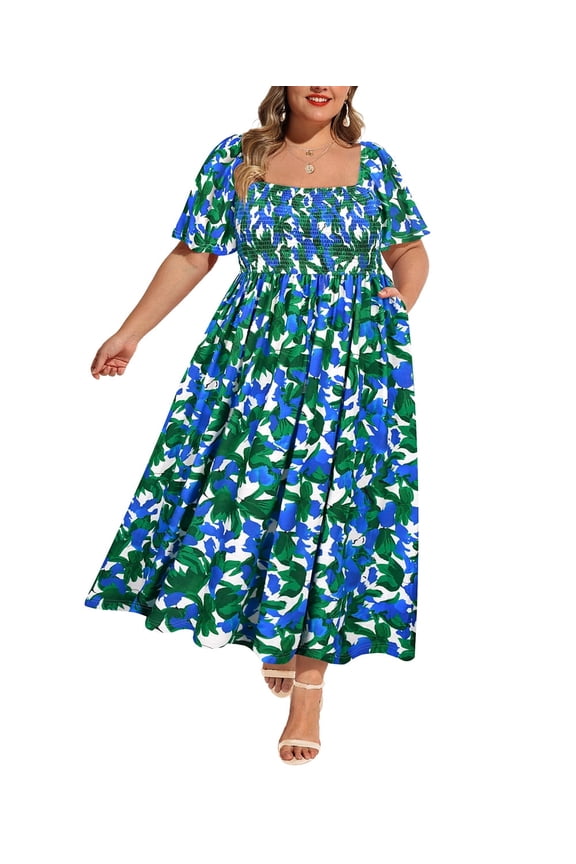 Womens Dresses Plus Size 3X Square Neck Floral Print Green Maxi Dress with Pockets Vacation Party Wedding Guest Dress 3XL 22W 24W