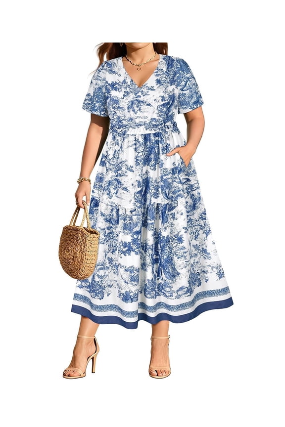 Womens Dresses Plus Size 3X V Neck Floral Print Maxi Dress with Elastic Waist Curvy Silhouette with with Pockets Short Sleeve Summer Dress 3XL 22W 24W