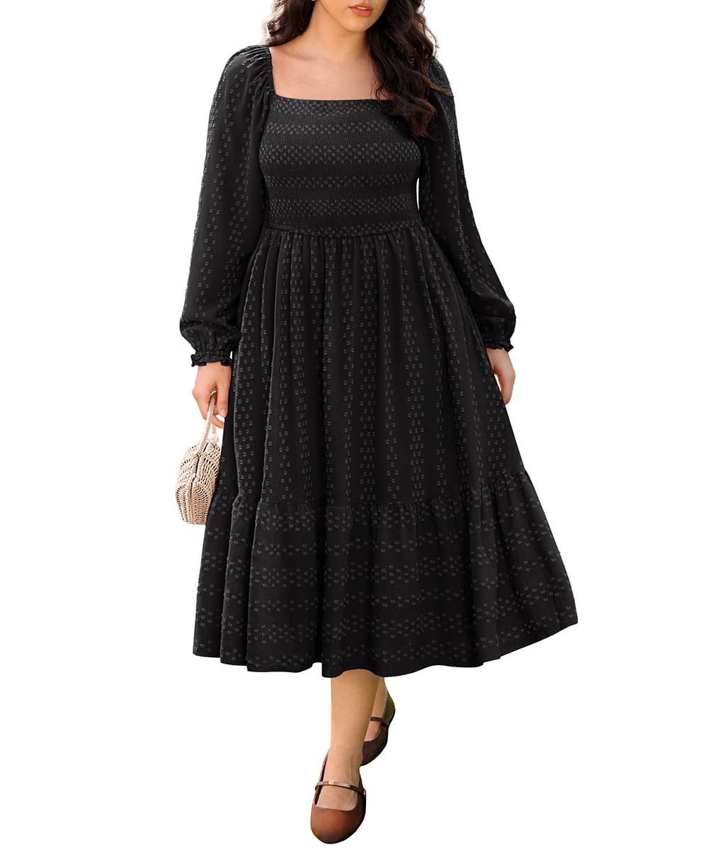 cassie winter formal dress CASSIE LIZ Womens Plus Size Dresses 3X Square Neck Long Sleeve Orange Derss  Smocked Swiss Dot Winter Fall Maxi Dress Wedding Guest Derss with Pockets  3XL 22W 24W