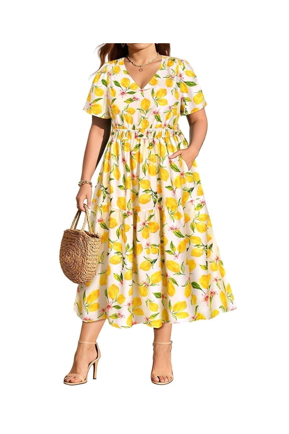 Womens Dresses Plus Size 4X V Neck Lemons Floral Print Maxi Dress Short Sleeve Summer Dress with Elastic Waist Pockets Summer Beach Holiday Dress 4XL 24W 26W