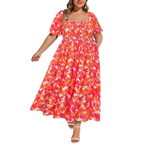 CASSIE LIZ Womens Dresses Plus Size Summer 4X Square Neck Short Sleeve Floral Red Maxi Dress with Smocked Waist and Pockets Party Wedding Guest Dress 4XL 24W 26W