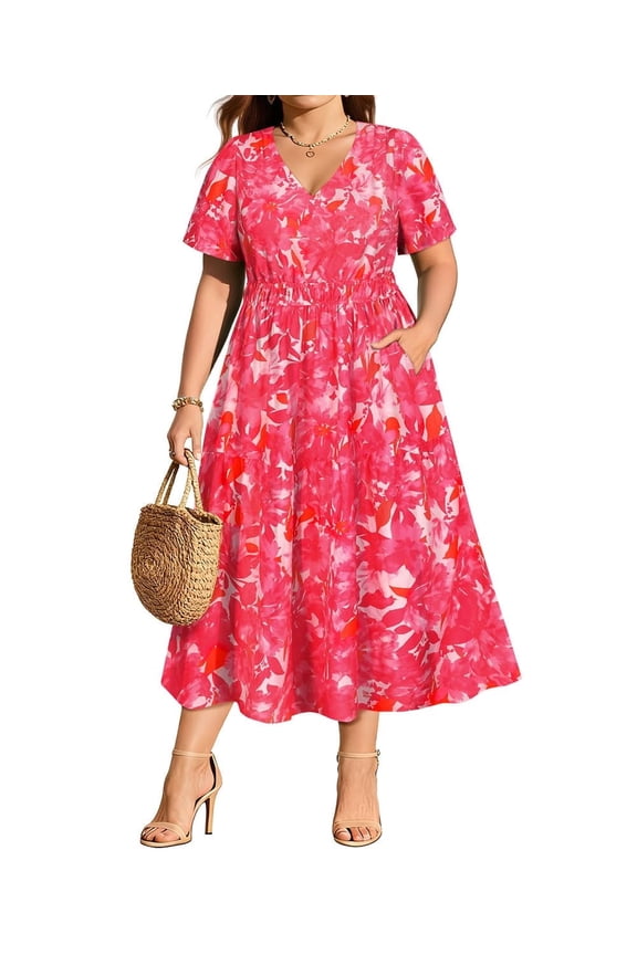 Womens Dresses Plus Size Summer 4X V Neck Short Sleeve Floral Pink Maxi Dress with Smocked Waist and Pockets Party Wedding Guest Dress 4XL 24W 26W