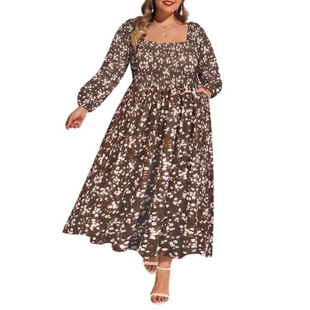 CASSIE LIZ Womens Dresses Plus Size 5X Long Sleeve Boho Square Neck Bubble Sleeve Brown Flowing Winter Maxi Dresses Holiday Wedding Date Guest 5XL 26W 28W