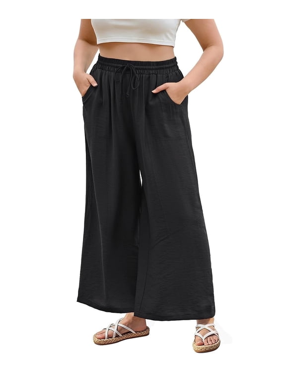 Womens Pants Plus Size Summer Wide Leg Black Palazzo Pants Lounge Ladies Casual Drawstring Fall Pants with Pocket XL 14W 16W