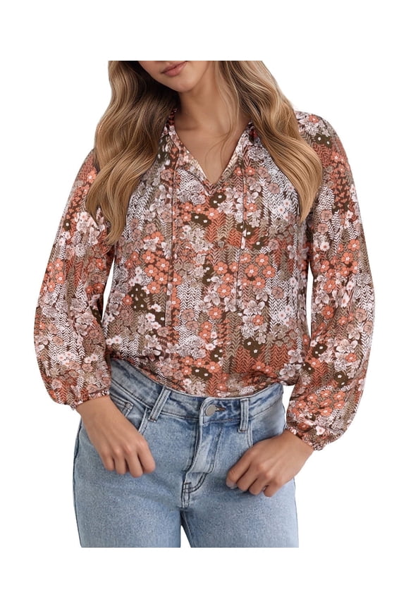 Plus Size Womens Boho Tops 2X Brown Long Sleeve Blouses V Neck Chiffon Tops Fall Business Shirts with Drawstring Neckline 2XL 18W 20W
