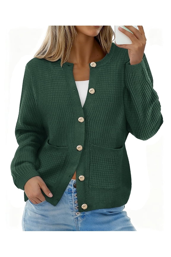 Womens Plus size Cardigan Sweaters Crewneck Long Sleeve Button Down Green Knitted Sweaters Fall Winter Lightweight Cardigans With Pockets XL 14W 16W