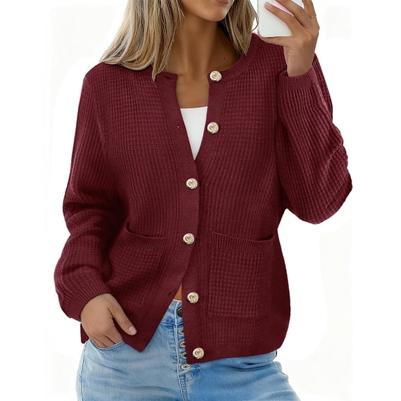 CASSIE LIZ Womens Plus size Cardigan Sweaters Lightweight Long Sleeve Button Down Knit Red Sweaters With Pockets Solid Color Jackets Fall Winter XL 14W 16W