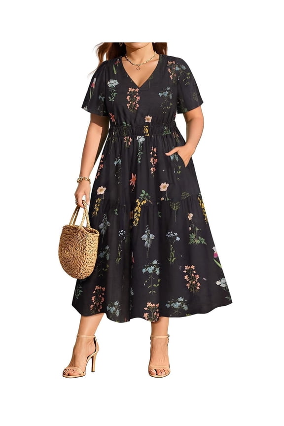 Womens Plus Size Dress 4X Daily V Neck Floral Print Black Maxi Dress Short Sleeve Elastic Waist Summer Spring Dress with Pockets for Outing 4XL 24W 26W