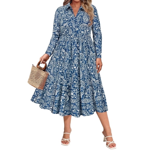 CASSIE LIZ Womens Plus Size Dresses 4X V Neck Floral Print Blue Maxi Dress with Elastic Waist Curvy Silhouette with Pockets Long Sleeve Romantic Boho With Buttons Dress 4XL 24W 26W