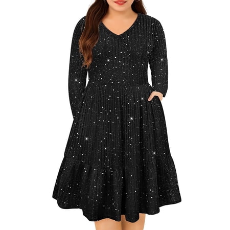 CASSIE LIZ Womens Plus Size Dresses 5X Casual Black Glitter Fall Sweater Dresses Fashion Midi Elastic Waist Long Sleeve Party Sequin Elegant V Neck Loose Fit Winter Dress with Pocket 5XL 26W 28W