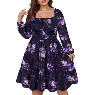 CASSIE LIZ Plus Size Dresses 5X for Women Navy Purple Rose Floral Long Sleeve Dress with Balloon Sleeves Square Neck Smocked Bodice A-Line Midi Dress with Pockets Size 5XL