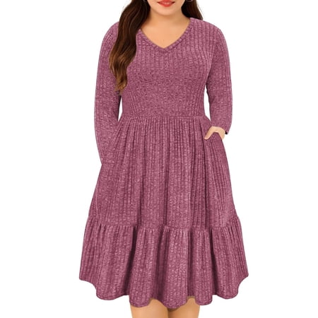 CASSIE LIZ Womens Plus Size Dresses 5X Casual Purple Red Fall Sweater Dresses Fashion Midi Elastic Waist Dresses Long Sleeve Elegant V Neck Loose Fit Winter Dress with Pocket 5XL 26W 28W