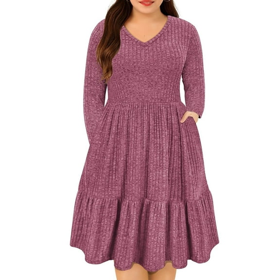 CASSIE LIZ Womens Plus Size Dresses 5X Casual Purple Red Fall Sweater Dresses Fashion Midi Elastic Waist Dresses Long Sleeve Elegant V Neck Loose Fit Winter Dress with Pocket 5XL 26W 28W