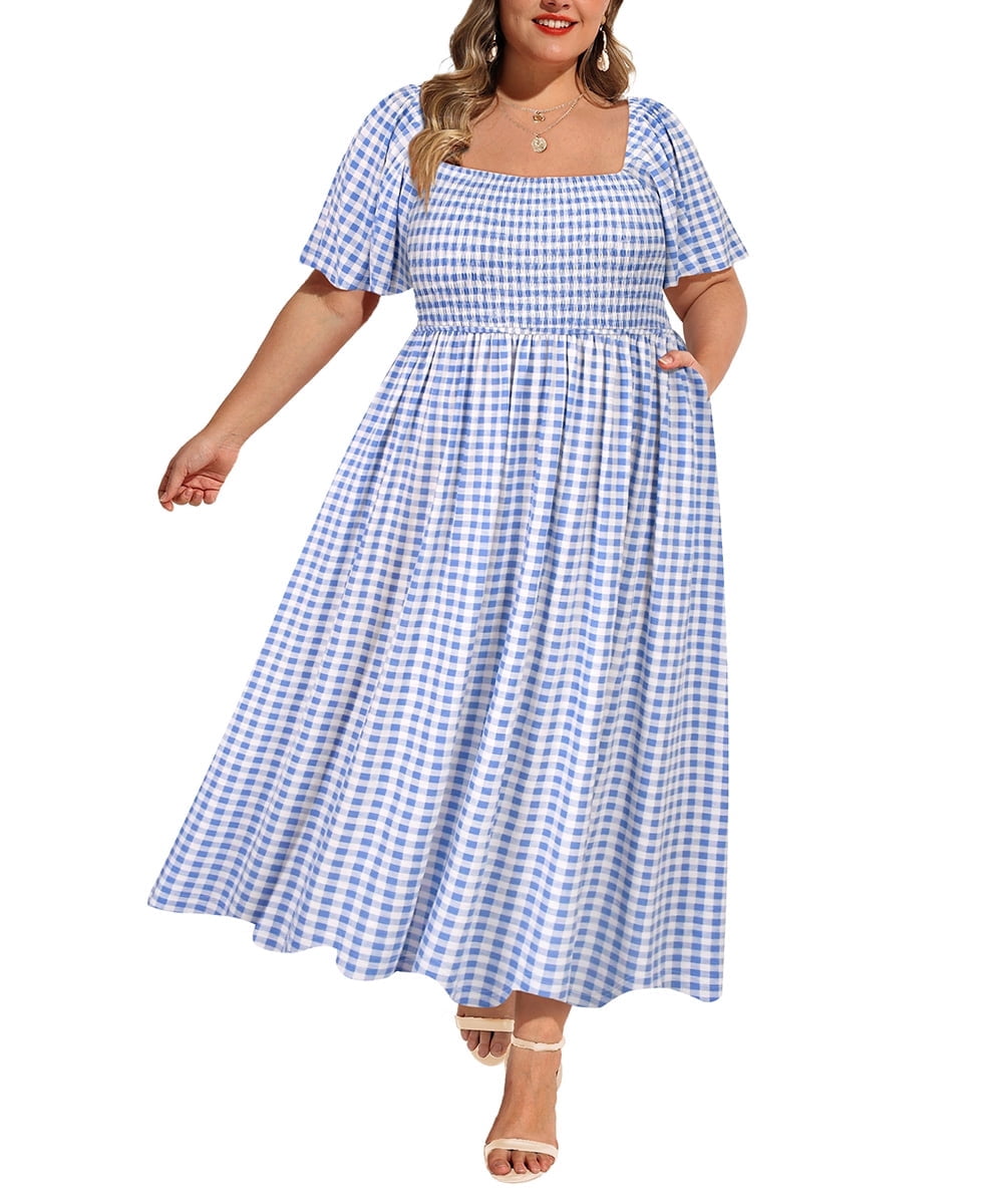 plus size holiday dresses 2021 Cassie LIZ Womens 5X Square Neck Plaid Maxi Dress with Pockets Summer Spring Party Beach Dress 5XL 26W 28W, Women's, Blue __with:ACC0268_SILVER