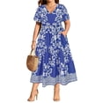 thumbnail image 1 of CASSIE LIZ Womens Plus Size Dresses 5X V Neck Floral Print Blue Maxi Dress with Elastic Waist Curvy Silhouette with Pockets Summer and Spring Short Sleeve Romantic Boho Dress5XL 26W 28W, 1 of 12