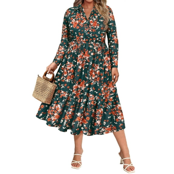 CASSIE LIZ Womens Plus Size Dresses 5X V Neck Floral Print Maxi Dress with Elastic Waist with Pockets Fall and Winter Long Sleeve Romantic Boho With Buttons Dress 5XL 26W 28W
