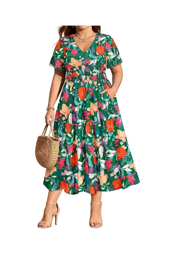Womens Plus Size Dresses 5X V Neck Floral Print Short Sleeve Green Maxi Dress Summer Spring Derss with Pocket Party Wedding Guest Dress 5XL 26W 28W