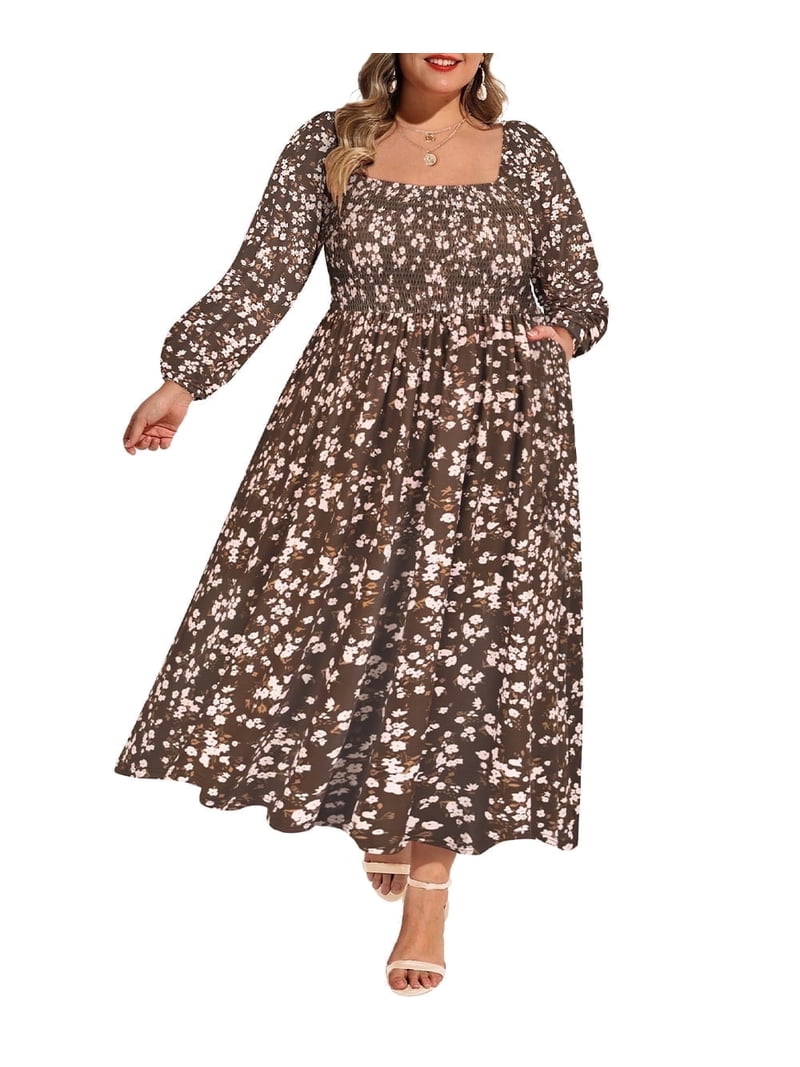 Cassie LIZ Womens Plus Size Winter Dresses Long Sleeve Boho Square Neck Bubble Sleeve Brown Flowing Maxi Dresses Holiday Wedding Date Guest XL 14W 16W