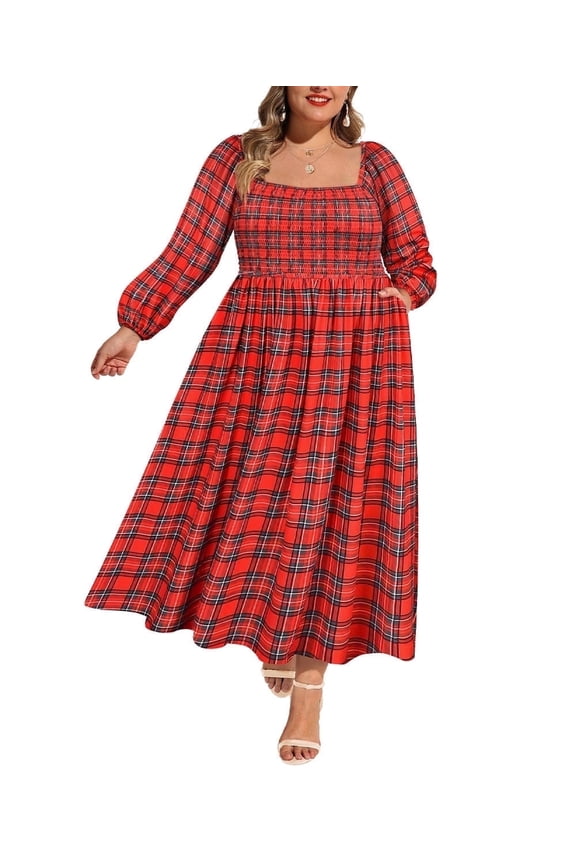 Womens Plus Size Dresses Long Sleeve Boho Square Neck Bubble Sleeve Flowing Maxi Fall Dresses Holiday Wedding Date Guest（XL-5XL)