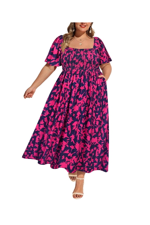 Womens Plus Size Dresses Square Neck Floral Print Pink Maxi Dress with Curvy Silhouette with Pockets Summer and Spring Short Sleeve Romantic Boho Dress XL 14W 16W