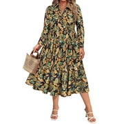 CASSIE LIZ Womens Plus Size Dresses V Neck Floral Print Maxi Dress with Elastic Waist Curvy Silhouette with Pockets Fall Winter Long Sleeve Romantic Boho With Buttons Dress (XL-5XL)