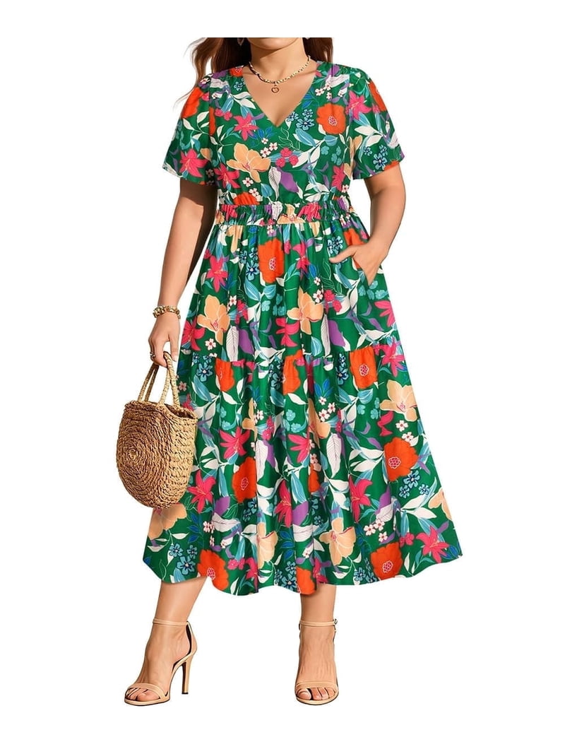 Cassie LIZ Womens Plus Size Dresses V Neck Floral Print Short Sleeve Green Maxi Dress Summer Spring Derss with Pocket Party Wedding Guest Dress XL 14W