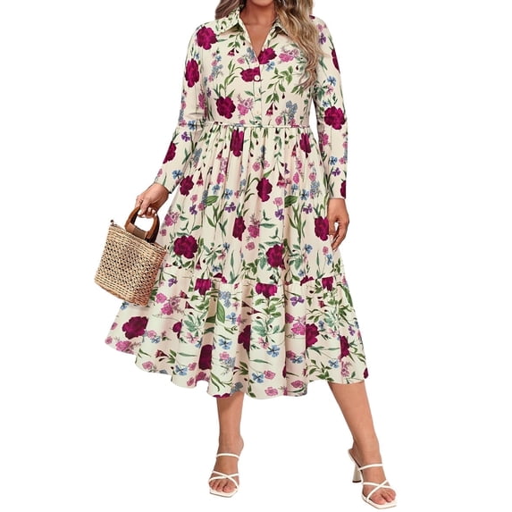 CASSIE LIZ Plus Size Dresses V Neck Floral Print White Maxi Dress with Elastic Waist Curvy Silhouette with Pockets Long Sleeve Romantic Boho With Buttons Dress XL 14W 16W