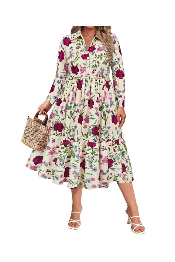 Plus Size Dresses V Neck Floral Print White Maxi Dress with Elastic Waist Curvy Silhouette with Pockets Long Sleeve Romantic Boho With Buttons Dress XL 14W 16W