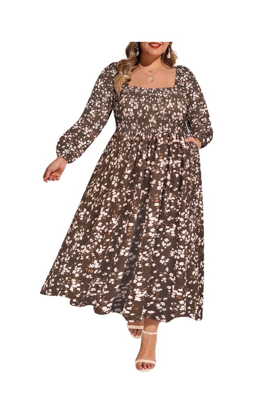Womens Winter Dresses Plus Size 3X Long Sleeve Boho Square Neck Bubble Sleeve Brown Flowing Maxi Dresses Holiday Wedding Date Guest 3XL 22W 24W