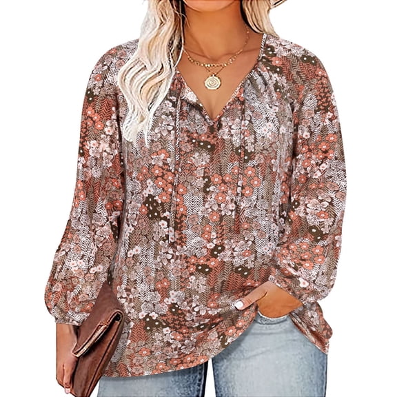 CASSIE LIZ Womens Tops Plus Size Long Sleeve Shirts Fall V Neck Floral Khaki T Shirts Fashion Drawstring Tunics Loose Fit Summer Blouses Casual Pullovers XL 14W 16W