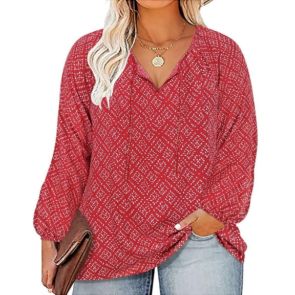 CASSIE LIZ Womens Tops Plus Size Long Sleeve Shirts Fall V Neck Red Boho T Shirts Fashion Drawstring Tunics Loose Fit Summer Blouses Casual Pullovers XL 14W 16W