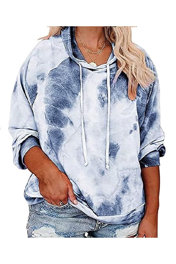 Fall Hoodies For Womens Plus Size Long Sleeve 2X Tie Dye Oversized Sweatshirts Casual Loose Blue Hoodies Drawstring Pullover Winter Tops 2XL 18W 20W