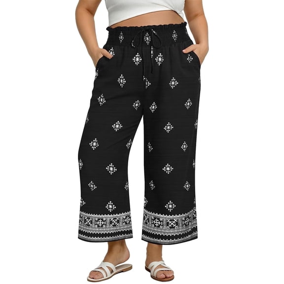 CASSIE LIZ Womens Plus Size Palazzo Pants Smocked High Waist Wide Leg Beach Trousers with Pockets Casual Summer Lounge Pants XL-5XL