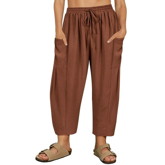 CASSIE LIZ Womens Plus Size Pants 2X Brown Summer Wide Leg Knit Palazzo Pants Lounge Ladies Casual Drawstring Harem Fall Pants with Pocket 2XL 18W 20W