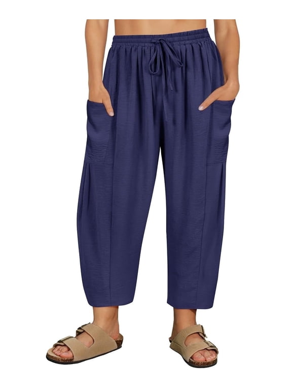 Womens Plus Size Pants 2X Blue Summer Wide Leg Knit Palazzo Pants Lounge Ladies Casual Drawstring Harem Fall Pants with Pocket 2XL 18W 20W