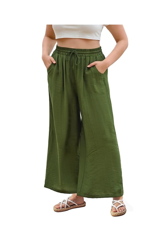 Womens Plus Size Pants 2X Summer Wide Leg Green Palazzo Pants Lounge Ladies Casual Drawstring Fall Pants with Pocket 2XL 18W 20W