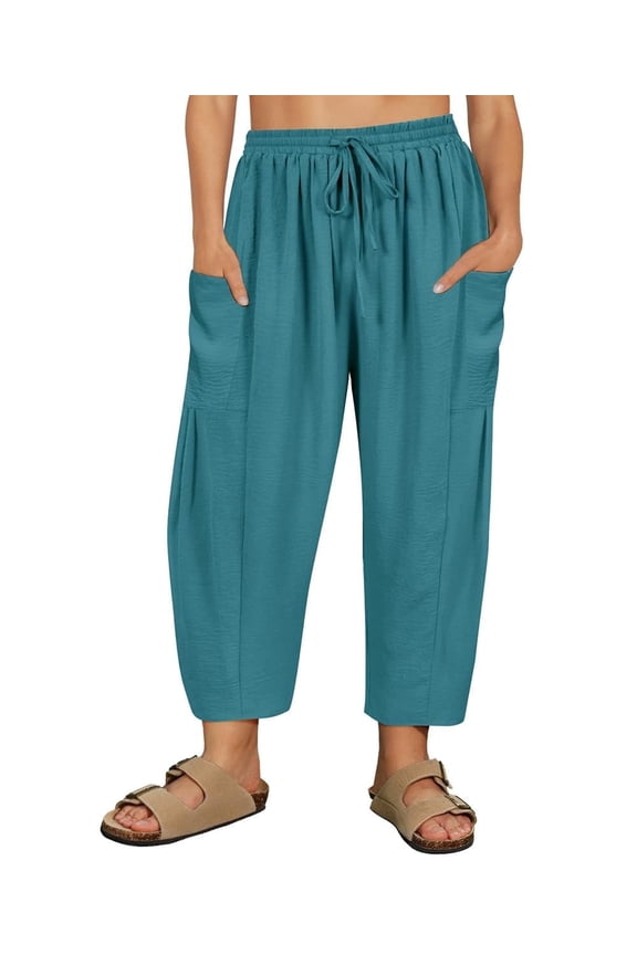 Womens Plus Size Pants 2X Teal Blue Summer Wide Leg Knit Palazzo Pants Lounge Ladies Casual Drawstring Harem Fall Pants with Pocket 2XL 18W 20W