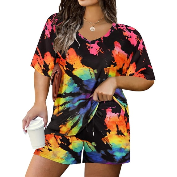 CASSIE LIZ Plus Size Summer 2 Piece Sets 3X Fashion Rainbow Tie Dye V Neck Short Sleeve Top and Drawstring Shorts Set Casual Lounge Workout Daily Vacation Outfit with Pockets 3XL 22W 24W