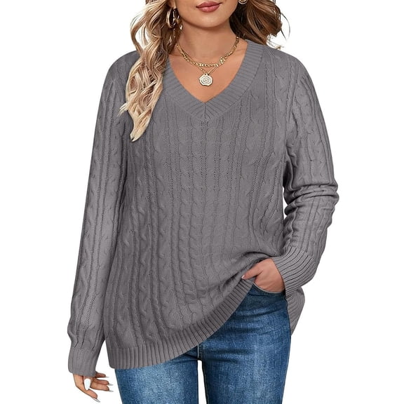 CASSIE LIZ Womens Plus Size Sweaters 2X Knitted Oversized V Neck Gray Pullover Tops Trendy Fall Winter Outfits Soft and Warm 2XL 18W 20W