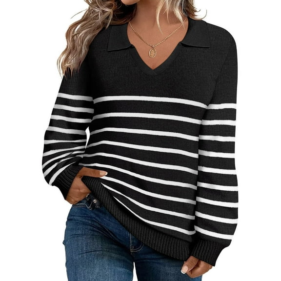 CASSIE LIZ Plus Size Sweaters Long Sleeve Womens Sweatshirts Fall V Neck Tops Fashion Knit Collar Shirts Loose Fit Lapel Pullovers Winter Casual Dressy Solid/Striped (XL-5XL)