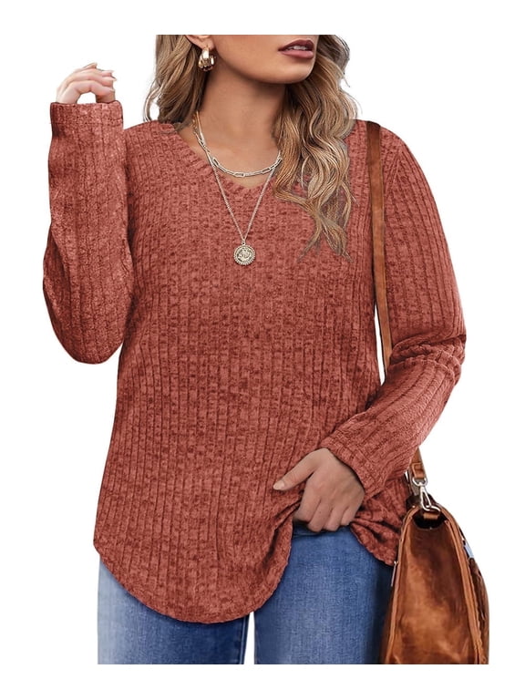 Womens Plus Size Tops 2X Casual Orange Sweatshirts Striped Classic V-neck Tops Fall and Winter Pullover Tunics Sweaters 2XL 18W 20W