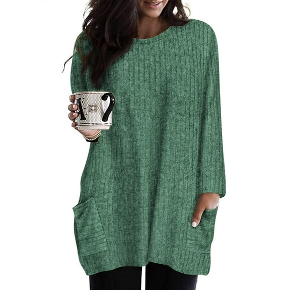 CASSIE LIZ Womens Plus Size Tops 2X Long Sleeve Shirts Fall Crew Neck Dark Green Tunics Fashion Knit Loose Fit Tee Winter Blouses Casual Oversized Pullovers with Pocket 2XL 18W 20W