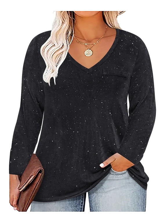 Womens Plus Size Tops 2X Long Sleeve Shirts Fall V Neck Black Glitter Tunics Fashion Loose Fit Sequin Party Tee Winter Blouses Casual Pullovers 2XL 18W 20W