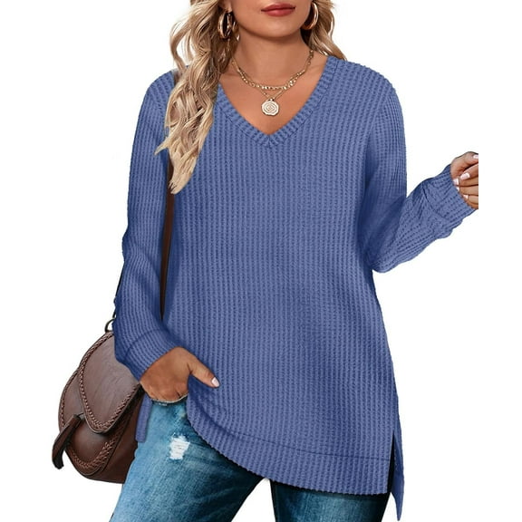 CASSIE LIZ Womens Plus Size Tops 2X Long Sleeve Fall Shirts Fashion V Neck Blue Tunics Waffle Knit Tee Loose Fit Winter Blouses Casual Slit Hem Pullover 2XL 18W 20W