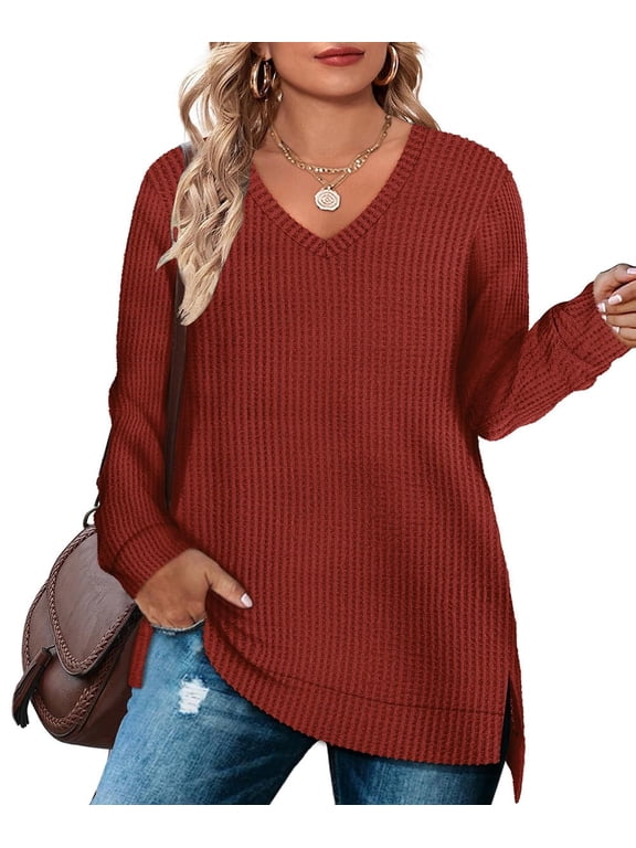 Womens Plus Size Tops 2X Long Sleeve Fall Shirts Fashion V Neck Brick Red Tunics Waffle Knit Tee Loose Fit Winter Blouses Casual Slit Hem Pullover 2XL 18W 20W
