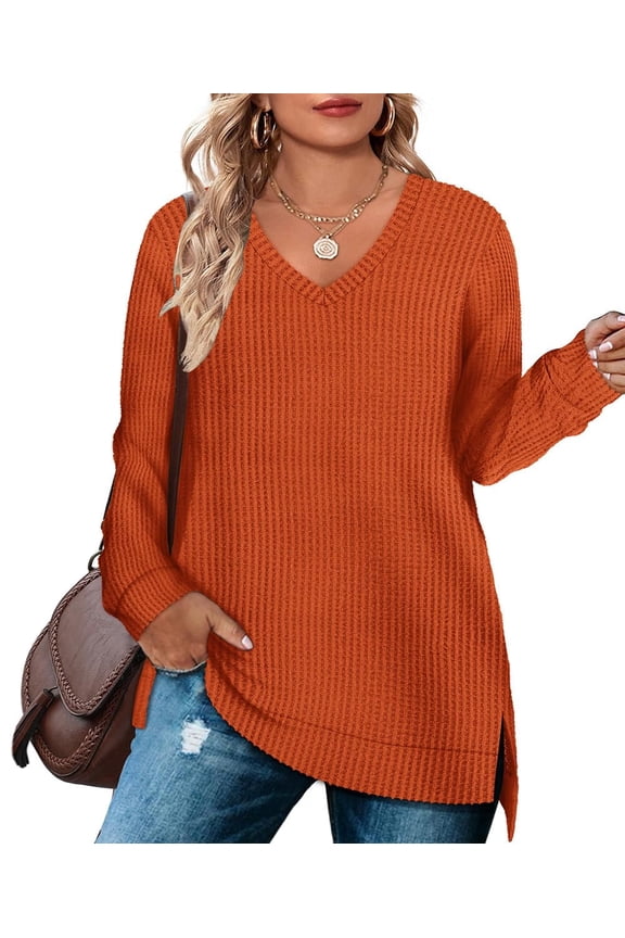 Womens Plus Size Tops 2X Long Sleeve Fall Shirts Fashion V Neck Orange Tunics Waffle Knit Tee Loose Fit Winter Blouses Casual Slit Hem Pullover 2XL 18W 20W
