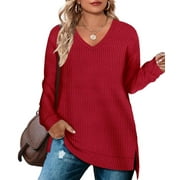 CASSIE LIZ Womens Plus Size Tops 2X Long Sleeve Fall Shirts Fashion V Neck Red Tunics Waffle Knit Tee Loose Fit Winter Blouses Casual Slit Hem Pullover 2XL 18W 20W